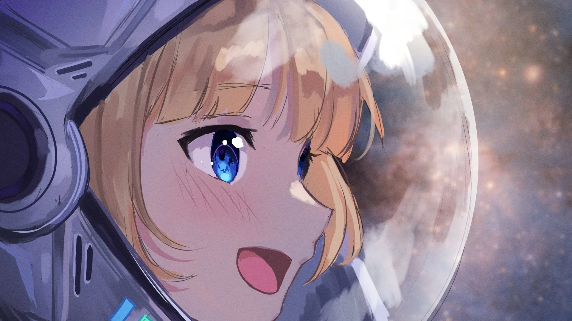 ابتسامة عيون زرقاء شعر ذهبي فن يومي فتاة رسوم متحركة هولوغرافية واتسون آميليا بدلة فضائية ورقية للاسطح</p><div class=