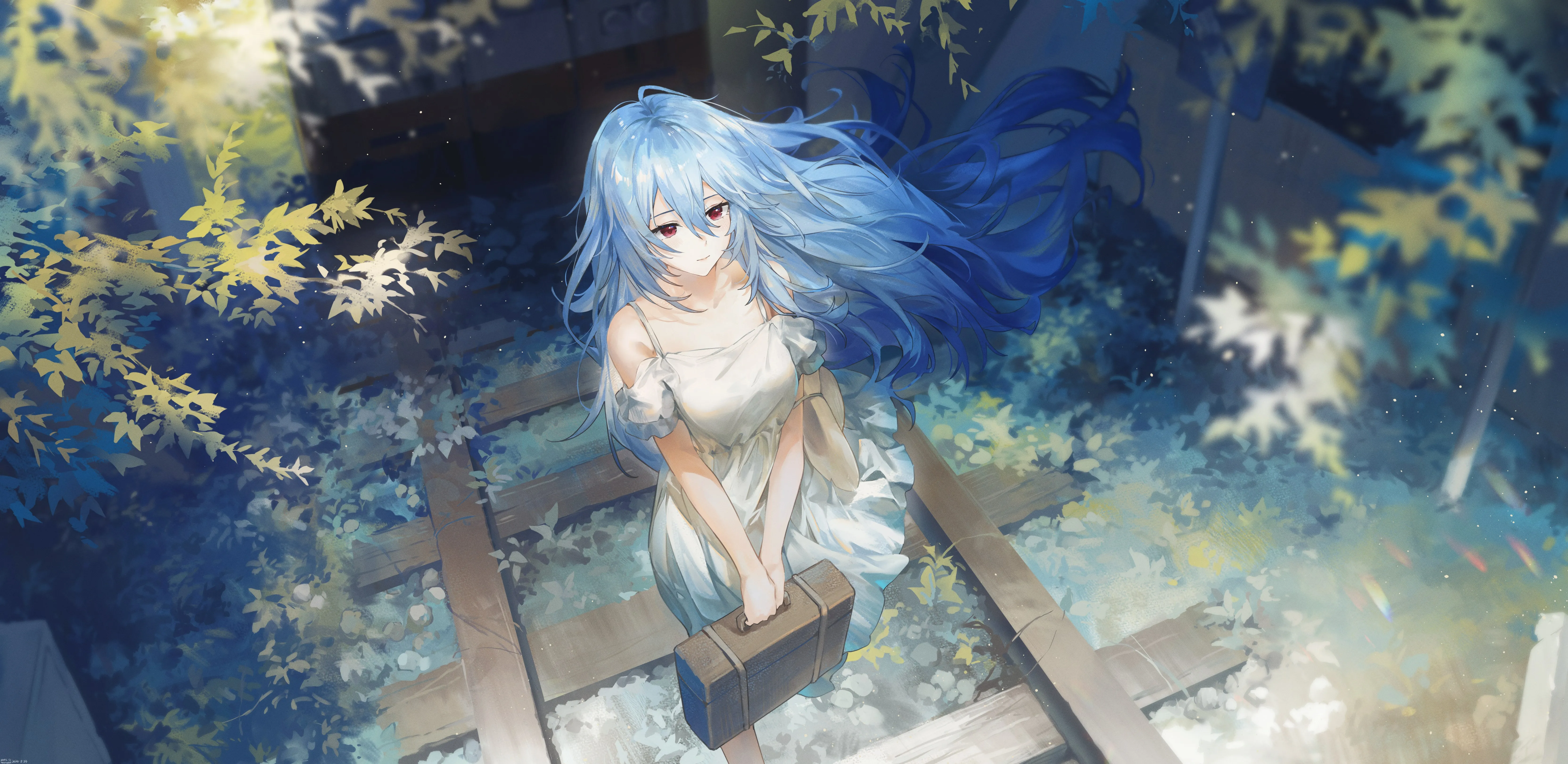 شعر أزرق، عيون حمراء، ملابس، سكة حديد، حقيبة يد، أنمي، فتاة أنمي، صور خلفية 4K