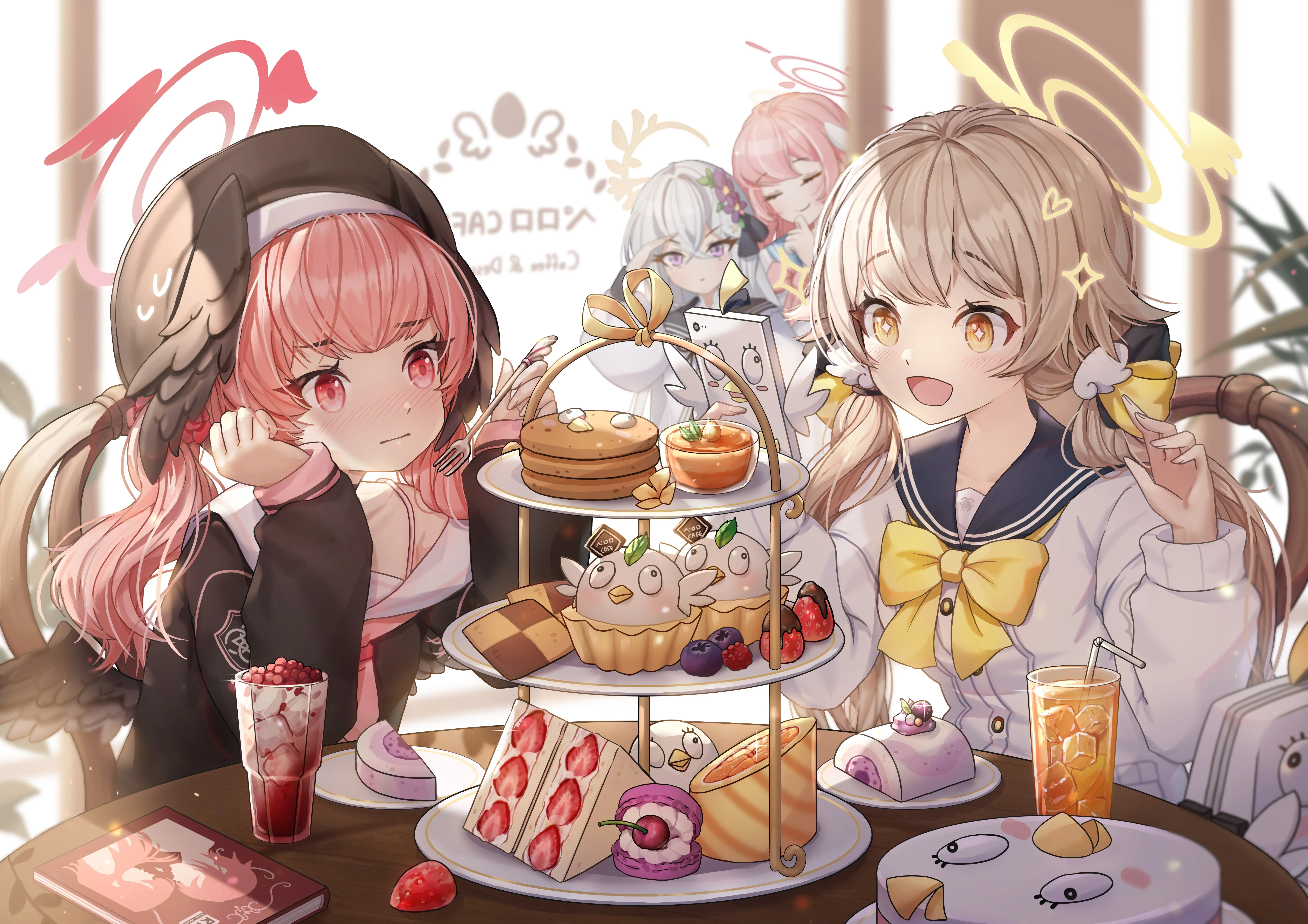 smile blonde pink hair pink eyes anime girl blue档案 food yellow eyes 4K wallpaper