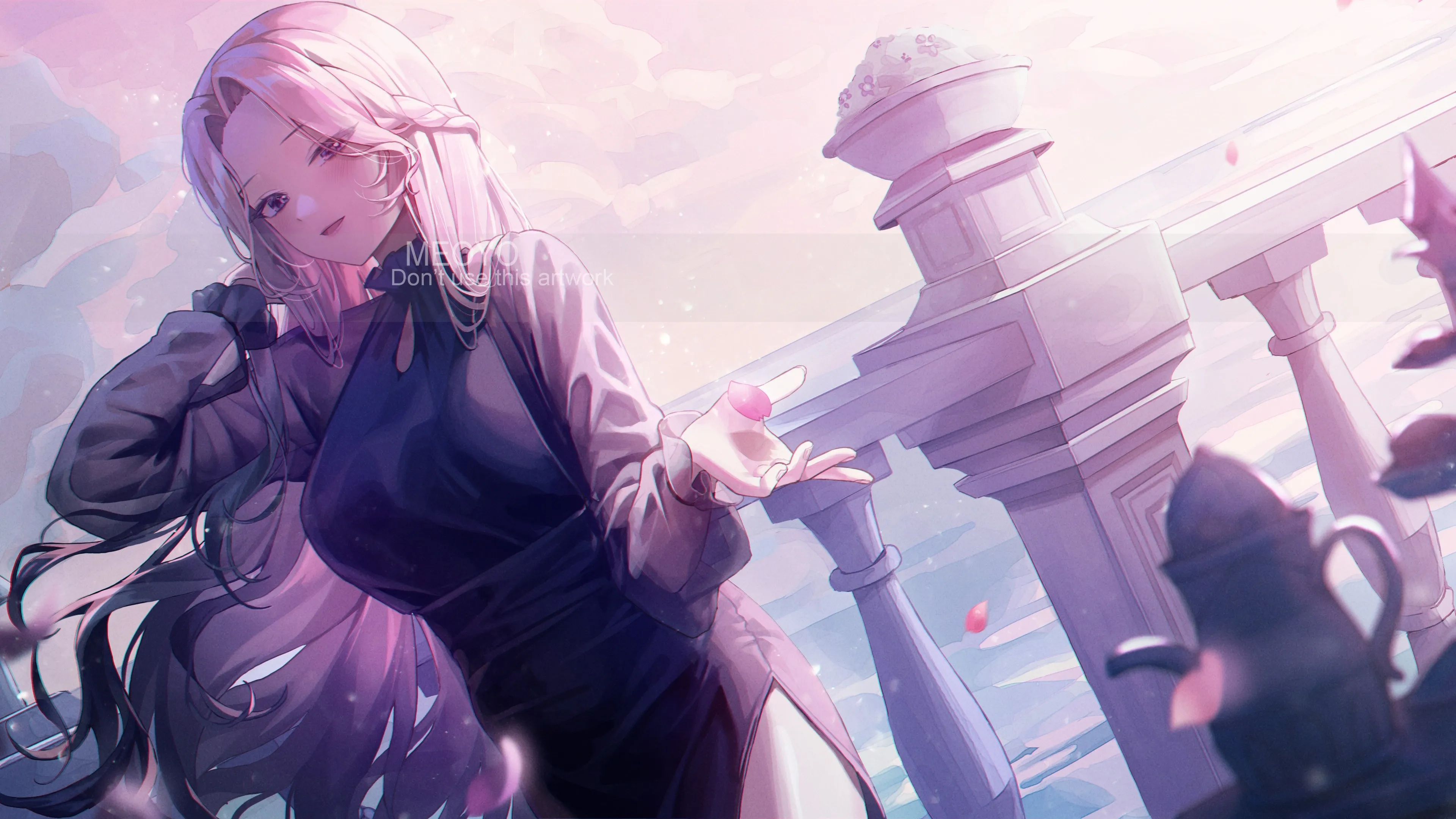 مانغا فتاة صفراء شعر طويل على شاطئ ربيعي نسمة من الرياح وورق الزهور 4K Wallpapers